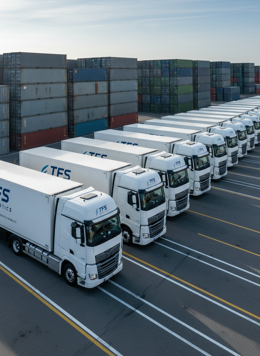 A fleet of modern freight trucks with clean white trailers and subtle blue TFS Logistics branding, lined up in a perfectly organized row at a large European distribution hub. The asphalt yard is immaculate, with crisp lane markings and stacked shipping containers in muted colors forming a structured backdrop. Cool early-morning natural light creates soft reflections on the polished metal surfaces and gentle shadows beneath each vehicle. Captured from a slightly elevated, wide-angle perspective to emphasize scale and reliability, with sharp focus throughout. The mood is professional, efficient, and trustworthy, rendered in photographic realism with a clean, modern aesthetic that conveys end-to-end logistics capability across the EU.
