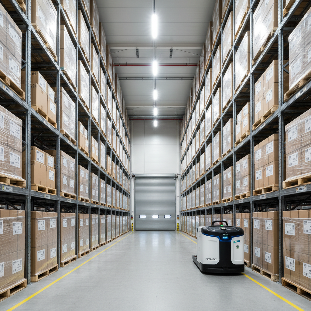A vast, high-bay warehouse interior filled with tall, neatly arranged shelving units stacked with uniformly labeled cartons in neutral tones, each pallet wrapped precisely. In the center foreground, an autonomous electric pallet mover is parked beside a loading bay door, its control panel lights softly glowing. Overhead LED lighting casts bright, even illumination with minimal shadows, highlighting the orderliness of the aisles and polished concrete floor. Shot from eye level down a central aisle, using strong leading lines to draw the eye deep into the space. The atmosphere is highly organized, secure, and technologically advanced, with photographic realism and a crisp, professional style suited to showcasing warehousing excellence.